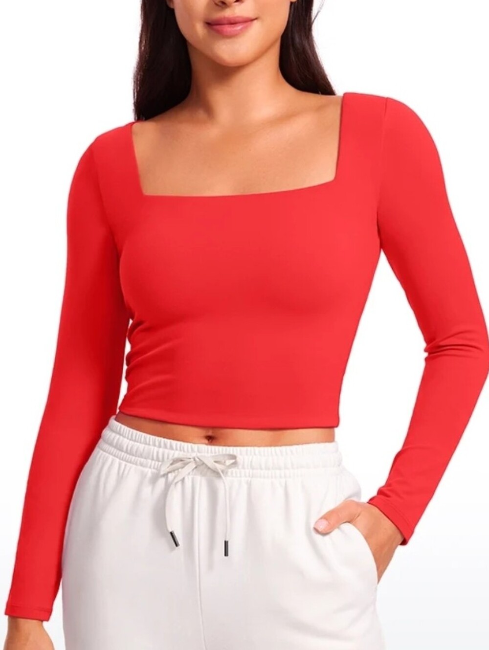 NWOT CRZ YOGA Butterlux Square-Neck Long-Sleeve Crop Top Red Sz M